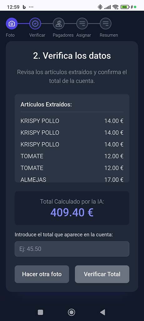 Verificación de artículos e importe total calculado por IA
